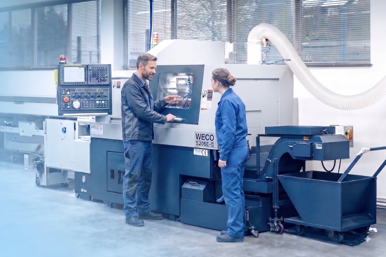 Facharbeiter erklärt einer Auszubildenden die Bedienung einer CNC-Maschine