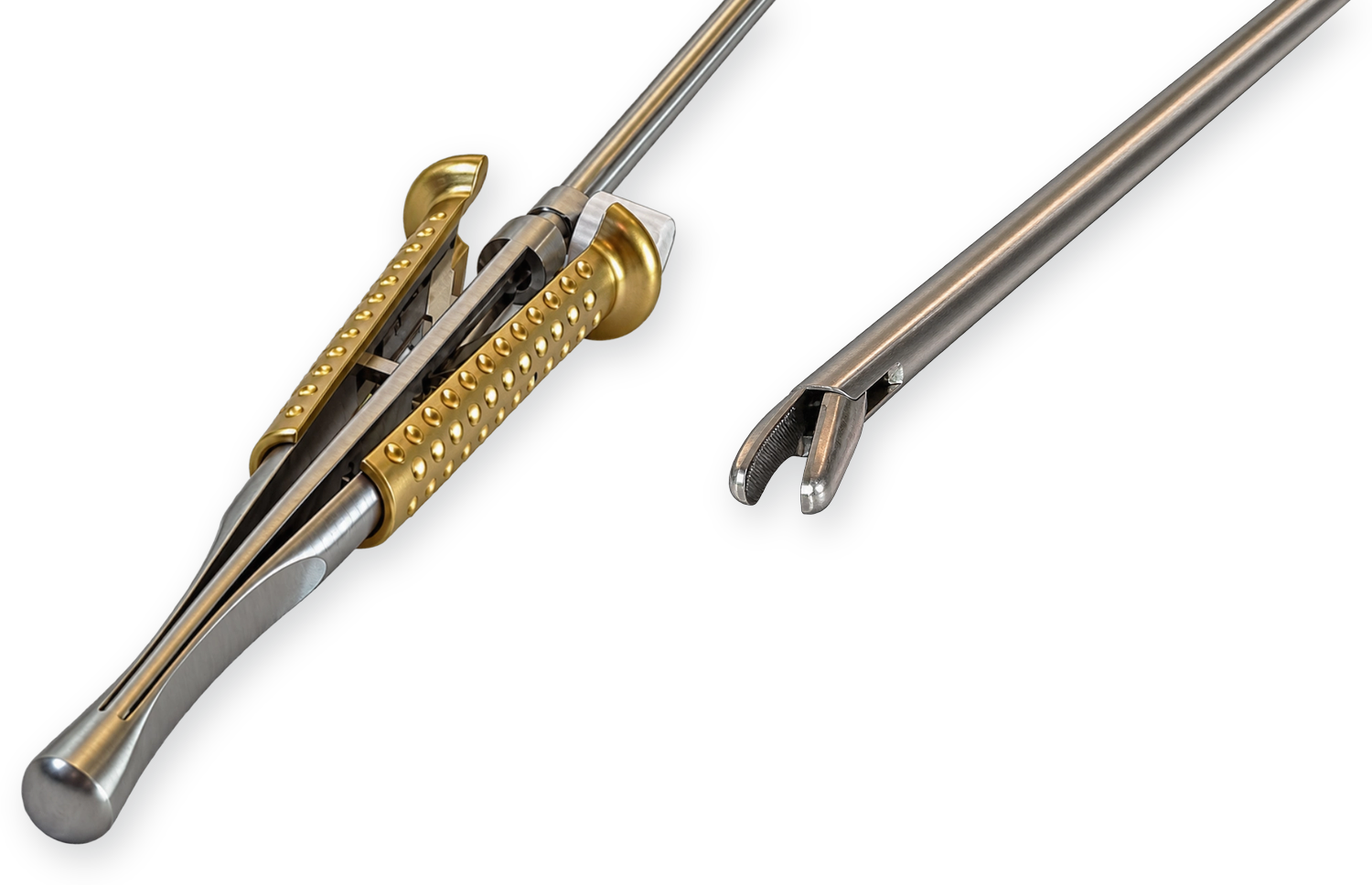 Präzisionsinstrument von Dausch mit goldfarbenen Griffschalen und Detailansicht des geöffneten Maulteils