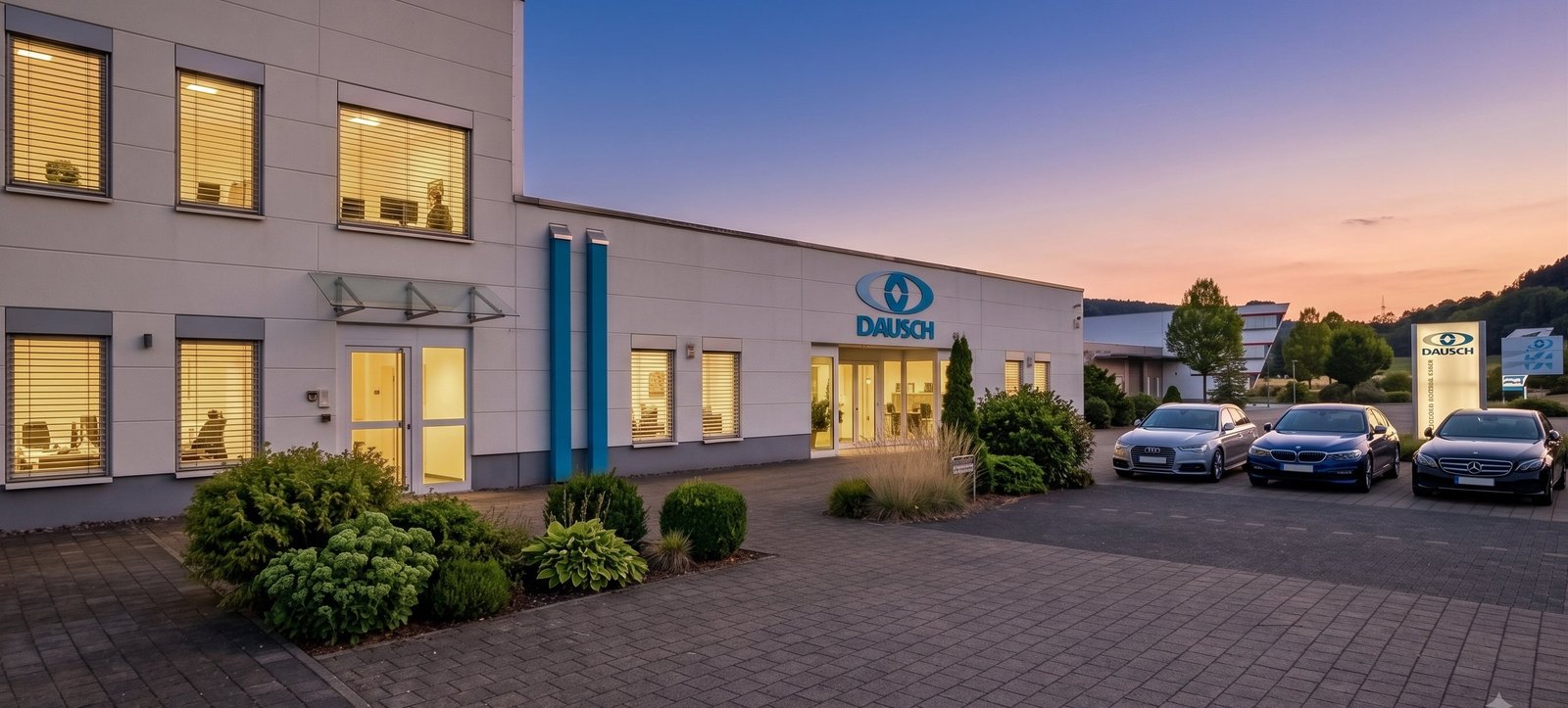 Firmengebäude der Dausch Medizintechnik GmbH in Wurmlingen bei Abenddämmerung